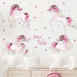 Cartoon 4pcs Pink Unicorns Pony Pink Stars Wall Stickers Girl Room Wall Decals Baby Nursery Decorative Stickers Home Decor Mural