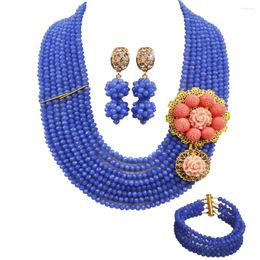 Necklace Earrings Set Azure Blue Crystal Beads African Jewelry Bridal Wedding Fashion Costume