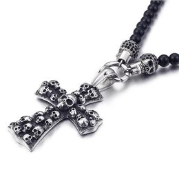 Fashion Punk Rock Black Glass Bead Skull Pendant Necklace For Men Women Stainless Steel Cross Necklaces & Pendants 50CM Long Jewel265u