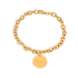 Link Bracelets Marka Women Stainless Steel Thick Bracelet Round Pendant Letter Accessories Female Vintage Gold Plated Jewelry Gift