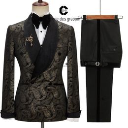 Men's Suits Blazers Cenne Des Graoom 2023 Elegant Suit for Wedding Tuxedo Double Breasted Black Paisley Jacket Velvet Lapel Pants 2 Pcs Set 231214