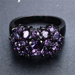 Small Oval Purple Crystal Zircon Star Flower Rings For Women Men Vintage Black Gold Multicolor Stone Ring Female Wedding Jewelry252D