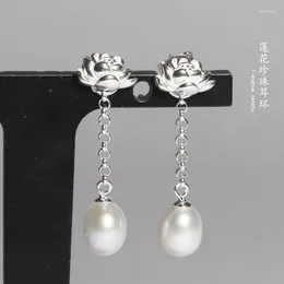 Dangle Earrings S925 Pure Silver Lotus Natural Freshwater Pearls Long Ears Line Undertakes National Wind