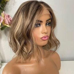 Synthetic Wigs Bob Wave Silk Top Je Double Drawn Kosher European Human Hair Wig For Women 150 Density Highlight Blonde 231214