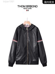 Thom Flagship Store Tb Tom Brown Jacket Leather Hooded Pu Red White and Blue Striped Couple for Men