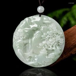 Pendant Necklaces Natural Jade Landscape Painting For Man And Women Fengshui Geomantic Amulet Talisman Symbolizing Freedom Happiness