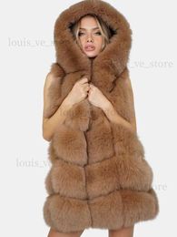 Women's Fur Faux Fur RR1487 Faux Fur Vests Womens With A Hood Fluffy Jackets Ladies Special Colour Winter Eco Fur Coats Woman Winter Coat Women 70cm T231215