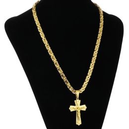 Religious Jesus 14k Yellow Gold Cross Necklace Men Gold Colour Crucifix Pendant with Chain Necklaces Male Necklace Jewellery