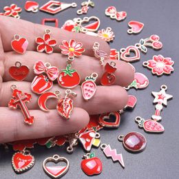 10/30/50pcs Mix Red Enamel Charms Heart Moon Star Charms Drop Oil Animal Flower Fruit Pendant For Jewellery Making DIY Accessories