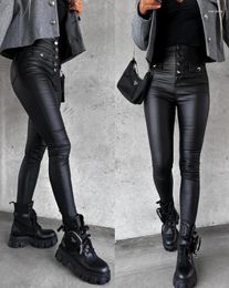 Women's Pants Pu Leather Ribbed High Waisted Tight Are Selling Casual Monochromatic Temperament Button Small Leg