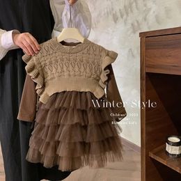 Clothing Sets Girls Dress Suit Autumn and Winter Knitted Vest Velvet Long Sleeve Mesh Baby Style baby girl outfit set 231215
