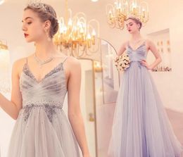 Spaghetti V-neck Tulle Bridesmaid Dress A-line Sweep-train Bridesmaids' & Formal Dresses With Applique Beadings