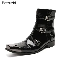 Black/Gold Luxury Handmade Leather Ankle boots for Men New Design Men's Boots Buckles Square Metal Toe Fashion Party, Motorcycle, Wedding Boots Shoes, Big Size!