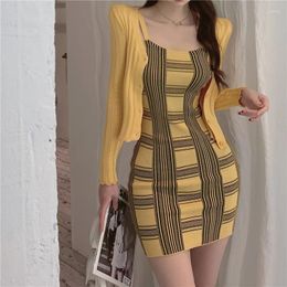 Work Dresses Autumn Spring Girl Solid Sweater Cardigan And Plaid Mini Camis Knit Dress Women's Knitted Two-piece Suit For Female