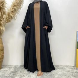 Ethnic Clothing Plain Open Abaya For Women Dubai Muslim Cardigan With Pockets Elastic Cuffs Black Islamic Abayas Dress Arabic Kimono Kaftan