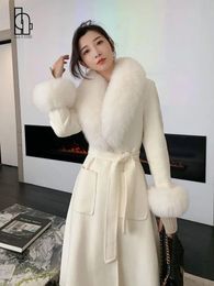 Women's Wool Blends Women Winter Woolen Coats Fur Collar Scarf Cuff Set Warm Fashion Luxury Overcoat Scarves Shawls Female Elegant Solid Thick Coats 231214
