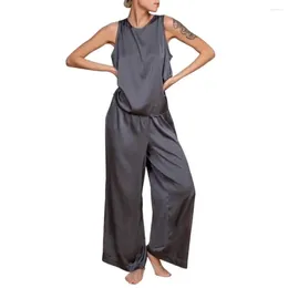 Women's Two Piece Pants 2Pcs/Set Women O-neck Sleeveless Crossed Back Elastic Waistband Wide Leg Set Summer Vest Trousers Sets