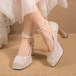 Dress Shoes Lucyever 2023 Luxury Glitter Sequins Pumps Women Pearls Strap Bling Wedding Party Woman Square Toe High Heels Ladies