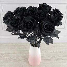 Decorative Flowers & Wreaths Black Artificial Silk Rose Bouquet Halloween 10PC Lot Gothic Wedding Plants For Party Decor237W