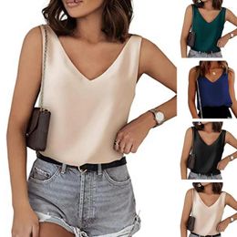 Women's Tanks Women Tank Top V-neck Solid Color Sleeveless Low-cut Loose Daily Wear Pullover Satin Summer Vest Clothes