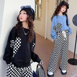 Clothing Sets Girls Heart Plaid Kids Tracksuit Long-sleeved Top T-Shirt Wide Leg Pants Suit Teenager 5 6 7 10 11 12 Years