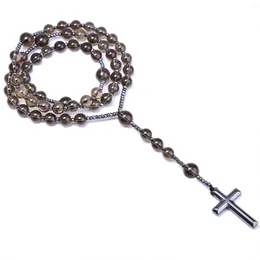 Pendant Necklaces Natural Stone Smoky Quartz Crystal Catholic Christ Rosary Hematite Cross Necklace Women Jewelry