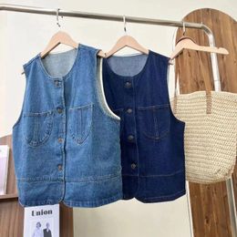 Women's Vests Vintage Jean Vest For Women Tops Autumn Spring Japan Style Retro Sleeveless Blue Denim Female Outerwear