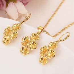 golden flowers assembled beautiful Fine 18k Gold Pendant Chain Earrings Flower set Jewelry Bride Wedding Bijoux giftd202L