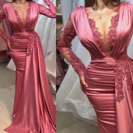 Evening Fuchsia Mermaid Pageant Dresses With Long Sleeve Lace Stain Side Train Aso Ebi African Fishtail Prom Reception Gown 0505