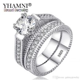 YHAMNI 100% Real 925 Sterling Silver Rings Set Hearts and Arrows 1ct CZ Diamond Wedding Rings for Women Double Engagement Ring MR1212C