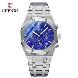 Chronograph Watches Men Silver Stainless Steel Waterproof Multi Function Calendar Brand CHENXI Business Casual Sport Male Watch 21217f