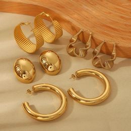 Hoop Earrings 16K Gold Plated Stainless Steel Statement Metal Texture Geometric Smooth Big Oval Stud Waterproof Jewelry