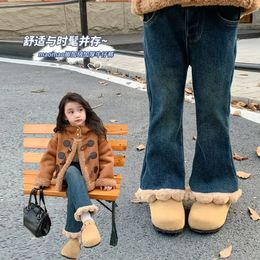 Leggings Tights Girls Jean Girl Winter Fleece Jeans Micro cropped Pants 2023 Children Baby Thick Warming Flared Kid 231215