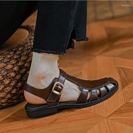 Sandals Summer Sandal Roman Style Womens' Retro Ladies Cowhide Shoes For Spring Vintage Gladiator Buckle Strap Open Toe