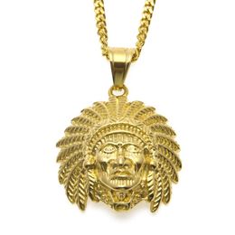 Hip Hop Indian Head Shaped Pendant Necklace Gold Plated Tutankhamun Charm Jewelry For Men Women With 24'' Cuban Chain1928