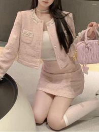 Work Dresses Winter French Vintage 2 Piece Set Women Pink Pocket Casual Chic Skirt Suit Female Korean Fashion Long Sleeve Elegant 2023