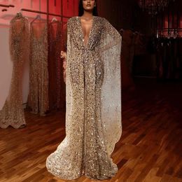 Glitter Sequins High Split Prom Dress 2024 With Cap Sleeves Deep V Neck Beaded Crystals Long Evening Formal Birthday Gowns Vestidos De Fieast
