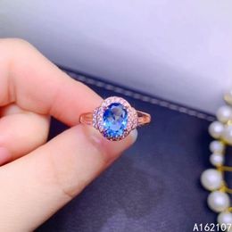 Cluster Rings Exquisite Jewelry 925 Sterling Silver Girl's Luxurious Vintage Oval Gem Blue Topaz OL Style Adjustable Ring Support Detection