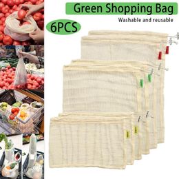 6Pcs set Reusable Mesh Produce Bags Non Plastic Cotton Vegetable Bags Washable See-through Drawstring For Shopping FP274f