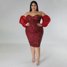 Plus Size Dresses Elegant Sequined Dress For Women Sexy Glitter Off The Shoulder Strapless Sheer Mesh Sleeve Evening Club Party