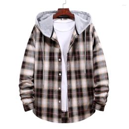 Men's Casual Shirts Spring Autumn Loose Plaid Hooded Shirt Fashion Long Sleeve Hoodies Sweatshirts For Men Y2k Jacket Coat