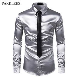 Men's Dress Shirts Silver Silk Shirt+Tie Set Mens Satin Smooth Tuxedo Shirts Casual Button Down Men Dress Shirts WeddParty Prom Chemise Homme J231215