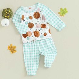 Clothing Sets Newborn Pants Set Baby Boys Halloween Pumpkin Print Tops and Plaid Pants Outfits Infant 2 Piece Pants Suits