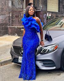 Prom 2023 Sexy Dresses Mermaid Luxurious One Shoulder Full Lace Appliques Crystal Beaded Ruffles Royal Blue Plus Size Evening Gowns