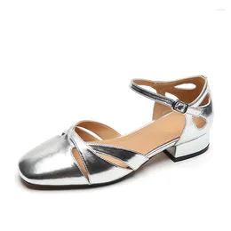 Roman Vintage Sier Female Sandals Golden Split Leather Shoes for Women Ladies Summer Buckle Strap Round Toe