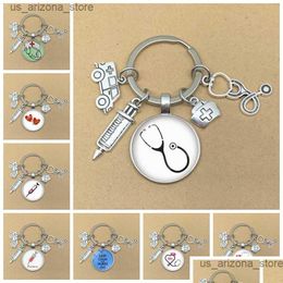 Keychains & Lanyards Keychains Lanyards New Fashion Personalized Nurse Medical Syringe Stethoscope Ambance Image Keychain Glass Dome K Dhucq