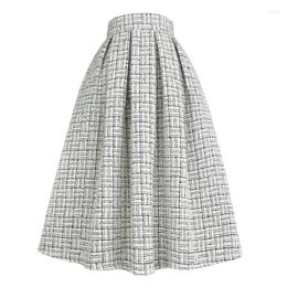 Skirts 2023 Winter Women Celebrity Vintage High End Elegant Luxury Waist Light Gray Houndstooth Plaid Long Office Wear