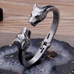high quality Black leather with Large 316L Stainless steel Biker Open Wolf Head End Cuff Bangle Gothic Mens Bracelet 8mm 67mm inne304m