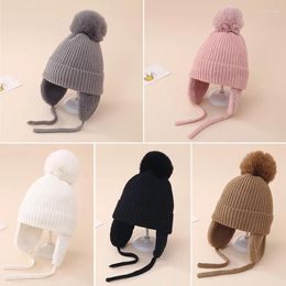 Berets Baby Hat Big Pompom Beanie With Ear Flap Wool Plush Children Knitted Cap For Girls Boys Winter Thick Warm Kids Accessories