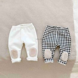 Overalls 7801 Baby Pant Thickened Leggings 2023 Winter New Korean Plaid Plus Velvet Girl's Pants High Waist PP Pants 0-3Y Kid's PantL231114
